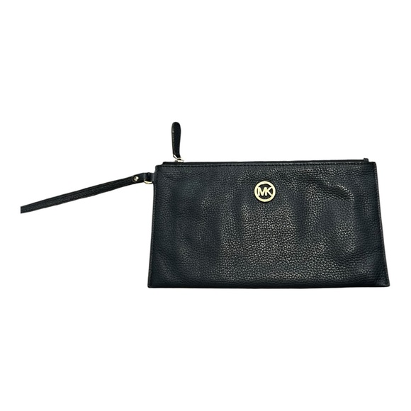 Michael Kors Navy Blue Leather Wristlet Clutch Bag Gold Logo Zip - Picture 1 of 4
